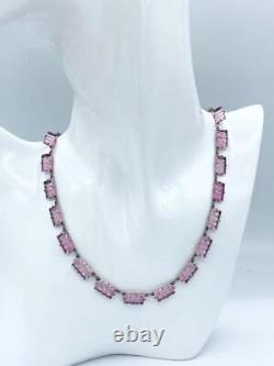 Art Deco Sterling Silver & Pink Molded Glass Open-Back Necklace 15 1/2