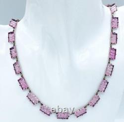 Art Deco Sterling Silver & Pink Molded Glass Open-Back Necklace 15 1/2