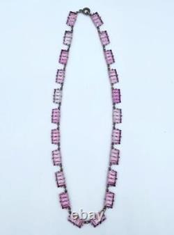 Art Deco Sterling Silver & Pink Molded Glass Open-Back Necklace 15 1/2