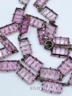 Art Deco Sterling Silver & Pink Molded Glass Open-Back Necklace 15 1/2