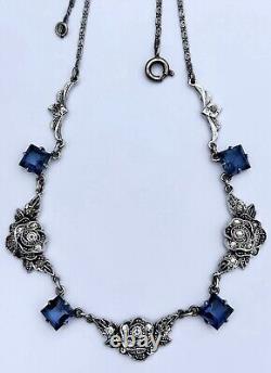 Art Deco Sterling Silver Rose Design Blue And Clear Glass Rhinestones Necklace