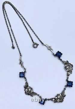 Art Deco Sterling Silver Rose Design Blue And Clear Glass Rhinestones Necklace