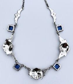 Art Deco Sterling Silver Rose Design Blue And Clear Glass Rhinestones Necklace