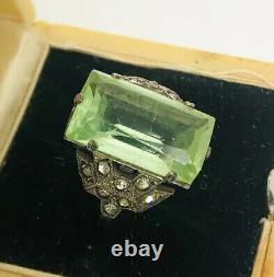 Art Deco Sterling Silver Vaseline Glass Ring Rhinestones Sz5 1/2 Vintage Jewelry