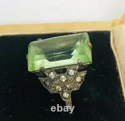 Art Deco Sterling Silver Vaseline Glass Ring Rhinestones Sz5 1/2 Vintage Jewelry