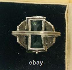 Art Deco Sterling Silver Vaseline Glass Ring Rhinestones Sz5 1/2 Vintage Jewelry