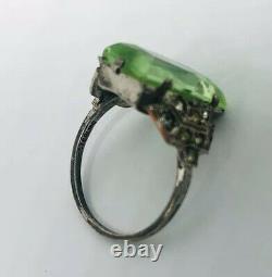 Art Deco Sterling Silver Vaseline Glass Ring Rhinestones Sz5 1/2 Vintage Jewelry