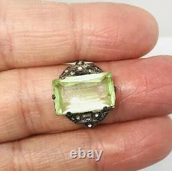 Art Deco Sterling Silver Vaseline Glass Ring Rhinestones Sz5 1/2 Vintage Jewelry