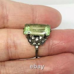 Art Deco Sterling Silver Vaseline Glass Ring Rhinestones Sz5 1/2 Vintage Jewelry