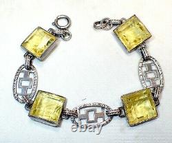 Art Deco Sugar Cube Carved Etched Glass Flowers Sterling Silver Link Bracelet