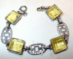 Art Deco Sugar Cube Carved Etched Glass Flowers Sterling Silver Link Bracelet