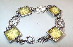 Art Deco Sugar Cube Carved Etched Glass Flowers Sterling Silver Link Bracelet