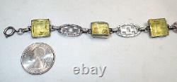 Art Deco Sugar Cube Carved Etched Glass Flowers Sterling Silver Link Bracelet