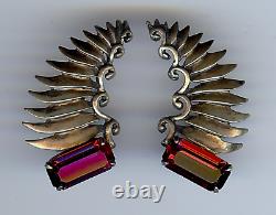 Art Deco Vintage Gold Wash Sterling Silver Faceted Ruby Glass Clip Earrings