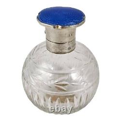 Art Deco sterling silver blue guilloche enamel cut-glass perfume scent bottle