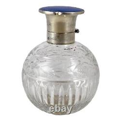Art Deco sterling silver blue guilloche enamel cut-glass perfume scent bottle