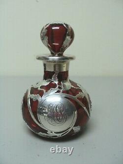 Art Nouveau Cranberry 5.25 Glass Scent Bottle, Gorham Sterling Silver Overlay