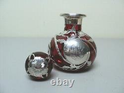 Art Nouveau Cranberry 5.25 Glass Scent Bottle, Gorham Sterling Silver Overlay