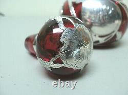 Art Nouveau Cranberry 5.25 Glass Scent Bottle, Gorham Sterling Silver Overlay