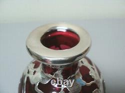 Art Nouveau Cranberry 5.25 Glass Scent Bottle, Gorham Sterling Silver Overlay