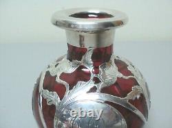 Art Nouveau Cranberry 5.25 Glass Scent Bottle, Gorham Sterling Silver Overlay