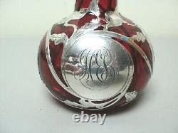 Art Nouveau Cranberry 5.25 Glass Scent Bottle, Gorham Sterling Silver Overlay