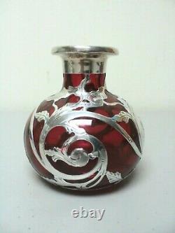 Art Nouveau Cranberry 5.25 Glass Scent Bottle, Gorham Sterling Silver Overlay