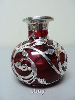 Art Nouveau Cranberry 5.25 Glass Scent Bottle, Gorham Sterling Silver Overlay