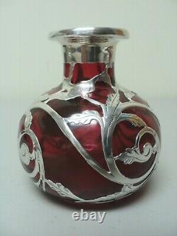 Art Nouveau Cranberry 5.25 Glass Scent Bottle, Gorham Sterling Silver Overlay