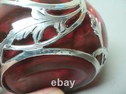 Art Nouveau Cranberry 5.25 Glass Scent Bottle, Gorham Sterling Silver Overlay