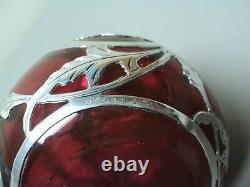 Art Nouveau Cranberry 5.25 Glass Scent Bottle, Gorham Sterling Silver Overlay