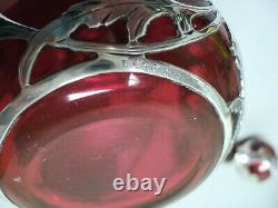 Art Nouveau Cranberry 5.25 Glass Scent Bottle, Gorham Sterling Silver Overlay