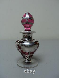 Art Nouveau Cranberry Glass Perfume Dresser Bottle, Sterling Silver Overlay