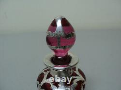 Art Nouveau Cranberry Glass Perfume Dresser Bottle, Sterling Silver Overlay