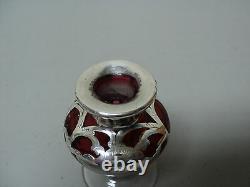 Art Nouveau Cranberry Glass Perfume Dresser Bottle, Sterling Silver Overlay