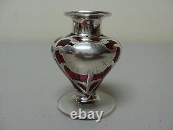 Art Nouveau Cranberry Glass Perfume Dresser Bottle, Sterling Silver Overlay