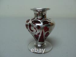 Art Nouveau Cranberry Glass Perfume Dresser Bottle, Sterling Silver Overlay