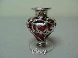 Art Nouveau Cranberry Glass Perfume Dresser Bottle, Sterling Silver Overlay