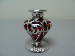 Art Nouveau Cranberry Glass Perfume Dresser Bottle, Sterling Silver Overlay