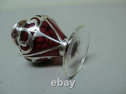 Art Nouveau Cranberry Glass Perfume Dresser Bottle, Sterling Silver Overlay