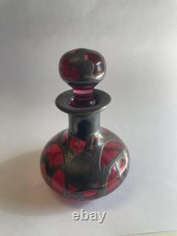 Art Nouveau Cranberry Glass Sterling Silver Overlay Perfume Vanity Bottle 3