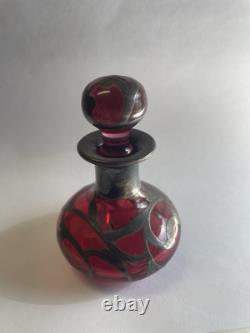 Art Nouveau Cranberry Glass Sterling Silver Overlay Perfume Vanity Bottle 3