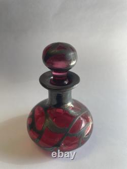 Art Nouveau Cranberry Glass Sterling Silver Overlay Perfume Vanity Bottle 3