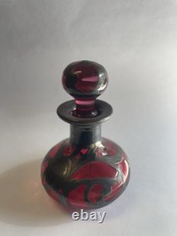 Art Nouveau Cranberry Glass Sterling Silver Overlay Perfume Vanity Bottle 3
