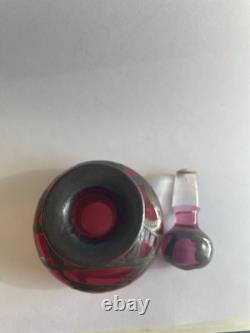 Art Nouveau Cranberry Glass Sterling Silver Overlay Perfume Vanity Bottle 3