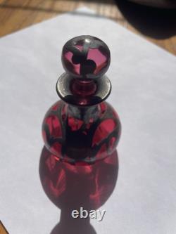 Art Nouveau Cranberry Glass Sterling Silver Overlay Perfume Vanity Bottle 3