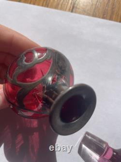 Art Nouveau Cranberry Glass Sterling Silver Overlay Perfume Vanity Bottle 3