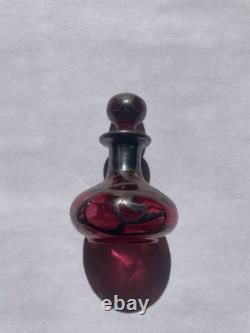 Art Nouveau Cranberry Glass Sterling Silver Overlay Perfume Vanity Bottle 3
