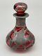 Art Nouveau Cranberry Red Glass Sterling Silver Overlay Perfume Bottle 3.25 Vtg