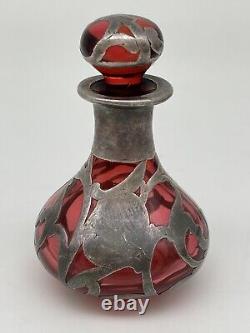 Art Nouveau Cranberry Red Glass Sterling Silver Overlay Perfume Bottle 3.25 Vtg